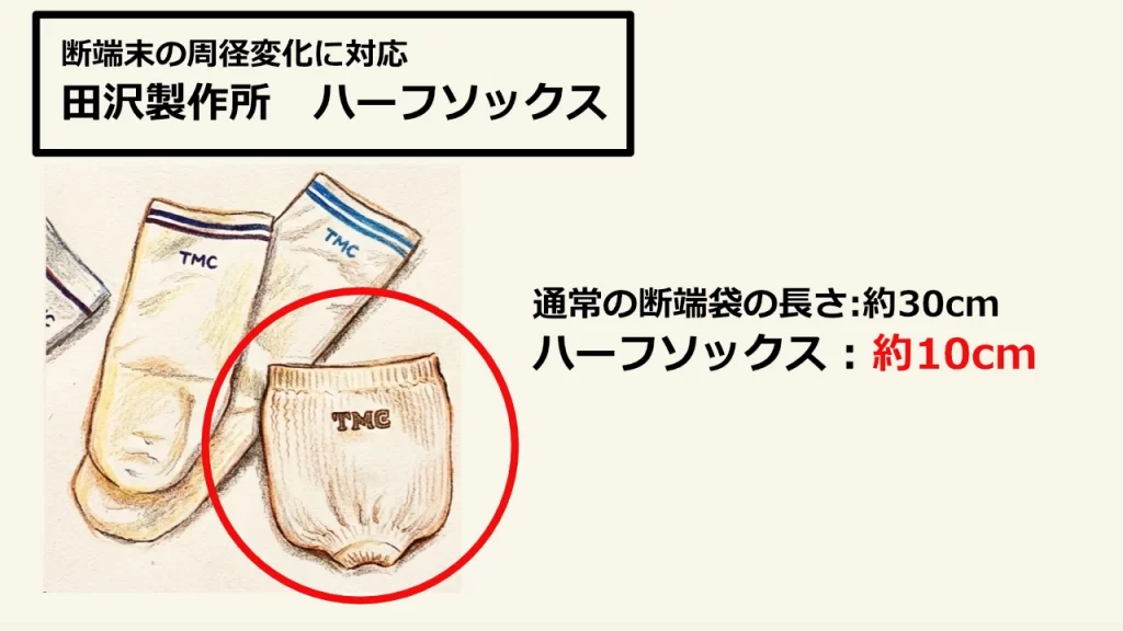 田沢製作所のハーフソックス。断端末の痩せに対応