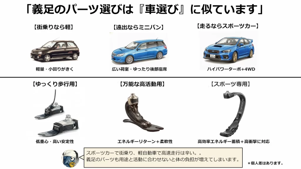 義足のパーツ選びは車選びに似ています。